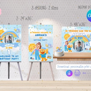 Puede incluir: Tres carteles de fiesta de cumpleaños con el texto "Adrian is One" y "Bienvenido a mi fiesta de cumpleaños". Los carteles presentan personajes de dibujos animados, un arcoíris y una foto de un niño. Los tamaños son 61cm x 91cm y 122cm x 91cm.