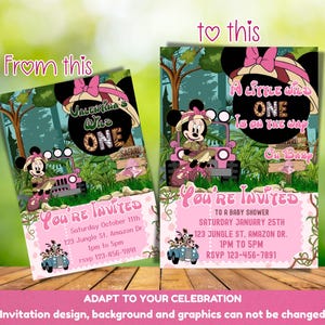K&ouml;nnte beinhalten: Rosa und gr&uuml;ne Einladung mit Minnie Maus in einem Safari-Jeep. Die Einladung enth&auml;lt den Text "Valentina Wild One" und "You're Invited" mit Veranstaltungsdetails. Das Design ist vor einem Dschungel-Hintergrund.