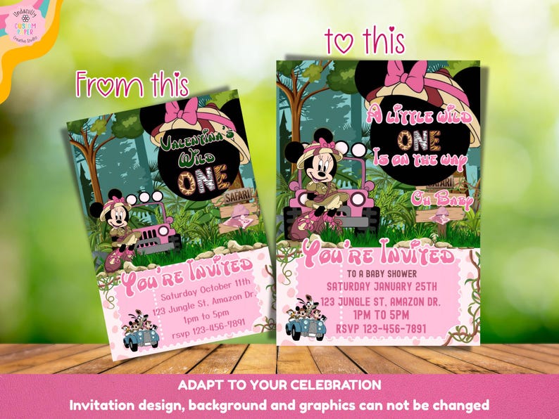 K&ouml;nnte beinhalten: Rosa und gr&uuml;ne Einladung mit Minnie Maus in einem Safari-Jeep. Die Einladung enth&auml;lt den Text "Valentina Wild One" und "You're Invited" mit Veranstaltungsdetails. Das Design ist vor einem Dschungel-Hintergrund.