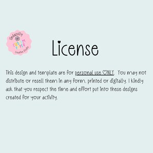 Pu&ograve; includere: Un documento di licenza digitale con sfondo azzurro che presenta un logo rosa smerlato con il testo Lindazully Custom Paper Creative Studio. Il testo recita License, seguito da una dichiarazione che limita il design e il modello al solo uso personale, vietando la distribuzione o la rivendita in qualsiasi forma, stampata o digitale.
