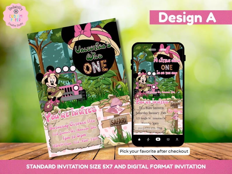 Rosa Safari-Einladung - Wild One Birthday, Rosa Maus-Motiv (Made to Order - Digitaler Download) Bild 2