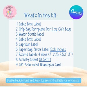 Pu&ograve; includere: Un elenco di kit digitale intitolato What's in the kit che include nove elementi: Gable Box Label, Chip Bag Template for 1 oz Chip Bags, Water Bottle label, Gable Box Label, Caprisun Label, Paper Bag Favor Label 5x8 inches, Round Labels 4 sizes (2, 2.25, 2.50, 3 inches), Activity Sheet (8.5x11 inches) e una Gift-Animated Thankyou Card. Il testo indica che lo sfondo e la grafica non sono modificabili o spostabili.