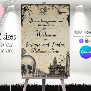 Letrero de bienvenida vintage para fiesta de Halloween: Plantilla retro de Canva (descarga digital)