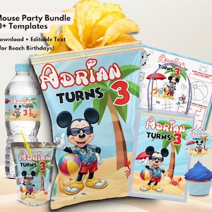 May include: A party bundle featuring Mickey Mouse beach-themed templates including a chip bag, water bottle label, juice pouch, favor bag, cupcake topper, and activity sheet. Each item displays the text Adrian Turns 3 with a beach graphic.