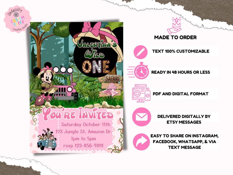 Rosa Safari-Einladung - Wild One Birthday, Rosa Maus-Motiv (Made to Order - Digitaler Download) Bild 5
