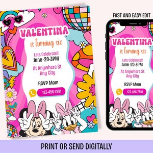 Benutzerdefinierte druckbare bearbeitbare Minnie-Einladung, Minnie und Daisy Geburtstag einladen, Minnie Party einladen Vorlage, digitale Geburtstagskarte einladen