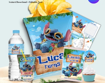 Materiale stampabile per la festa di compleanno a tema spiaggia hawaiana: pacchetto modificabile per Canva (download digitale)