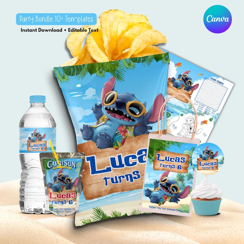 Pu&ograve; includere: Un set di 10 modelli modificabili a tema Stitch, che include sacchetto per patatine, etichetta per bottiglia d'acqua, etichetta per succo, sacchetto regalo, topper per cupcake e un gioco di parole con il testo Lucas turns 6 e grafiche.
