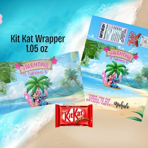 Puede incluir: Envoltorio Kit Kat personalizado con una escena de playa tropical, con los personajes Lilo y Stitch. El envoltorio está personalizado con "Valentina cumple 6 años". La barra Kit Kat es de 30 gramos.
