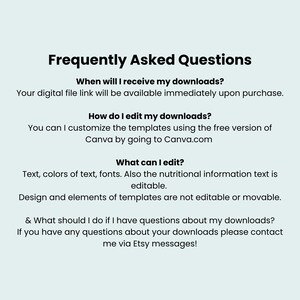 Pu&ograve; includere: Un grafico informativo digitale intitolato Frequently Asked Questions con testo nero su sfondo azzurro. Spiega la consegna dei download, le istruzioni per la modifica in Canva, gli elementi di testo modificabili e i contatti tramite Etsy.