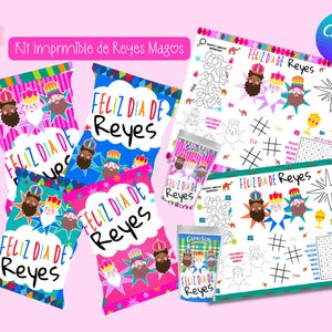 Puede incluir: Un conjunto de kits imprimibles coloridos para la celebración del Día de Reyes. Los kits incluyen varios diseños con el texto "Feliz Dia de Reyes", ilustraciones de los Reyes Magos y hojas de actividades. La paleta de colores incluye rosa, azul y verde.