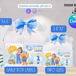 May include: Two gable box labels with blue bows, one 6" x 3.5" and the other 3.8" x 2". The labels feature a cartoon illustration with the text "Hi, Friend Can You Say Lucas Turns 1". The design includes a sun, bus, and characters.