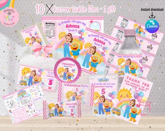 May include: A collection of pink party supplies with a birthday theme. The designs feature a girl, a yellow sun, a rainbow, and the number 5. Includes labels, stickers, and a gift bag. Text includes "Hi friends, can you say Aihnoa Turns 5".