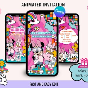 Invito digitale di Minnie, invito di compleanno di Minnie e Daisy, modello di invito per la festa di Minnie, invito di compleanno digitale, invito Groovy modificabile
