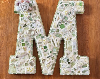 China Mosaic Letter “M” in Shades of Green with 3D China Flowers - 9.5” Tall by 9.25” Wide - Bedroom Dorm Wall Decor