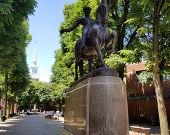 Estatua de Paul Revere, Old North Church, Boston, Massachusetts, Fotografía artística, Arte mural, Regalo fotográfico, Revolución estadounidense, Historia