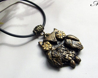 Bronze owl necklace. Bright Jewelry. Handmade Jewelry for her. Black necklace. Owl necklace. Happy childhood decor. Youth pendant