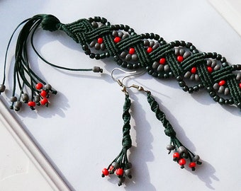 Turquoise macrame Set with 3colors of beads. Micro macrame. Gentle Bracelet. Boho. 8 inch. Ethnic decor. Anniversary gift