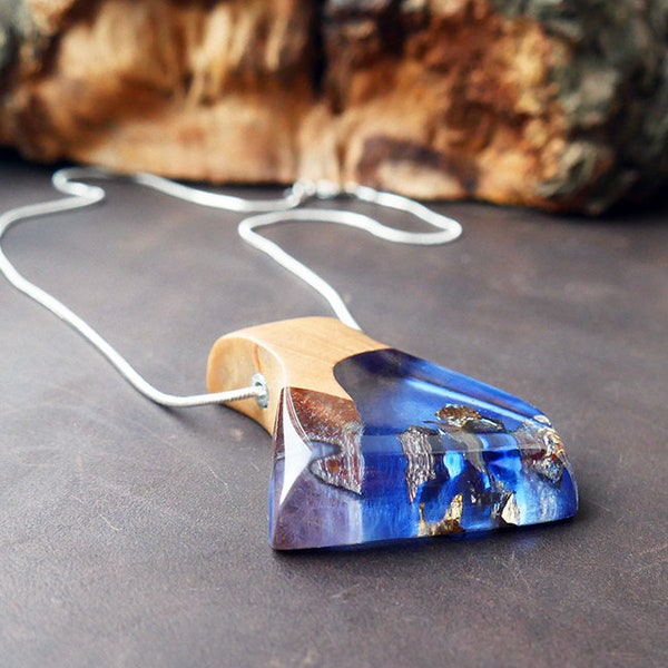 Blue Resin Wood necklace, blue pendant with gold flakes. Style ECO. Real wood necklace. Blue Necklace resin jewelry. Gift for her, Boho