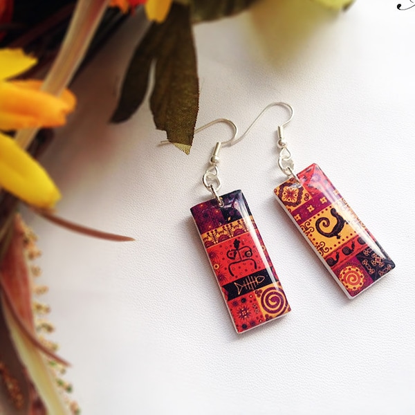 Bright African earrings with an ethnic african pattern. Handmade Jewelry resin. Ethnic. Summer Decor. Two-sided. Jewelry resin for her.