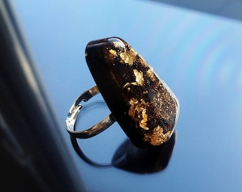 Black gold ring. Handmade Jewelry ring with gold flakes. Style ECO. Jewelry resin for her.  Black resin ring. Gift for mom. Hippie Jewelry