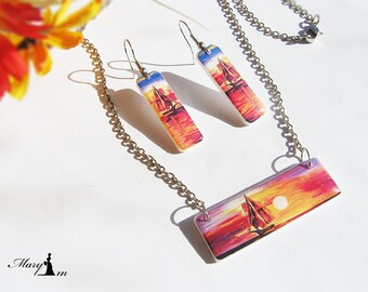 Summer marine set with a bright pattern. Hot countries. There is a ship at-sea. Jewelry resin. Handmade Jewelry for her. Orange decor
