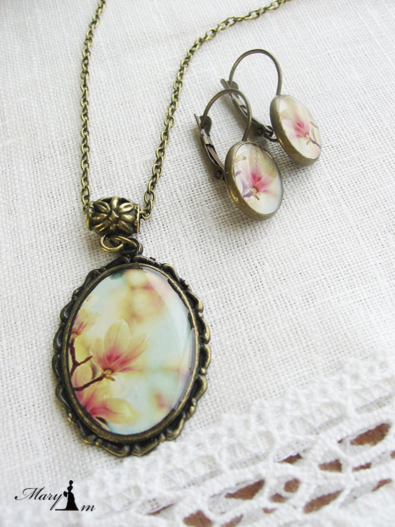 Blooming spring earrings Flower pendant Vintage magnolia set with a flower pattern Handmade Jewelry for her. Jewelry resin