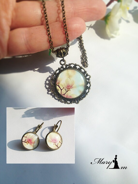 Blooming spring earrings Flower pendant Vintage magnolia set with a flower pattern Handmade Jewelry for her. Jewelry resin
