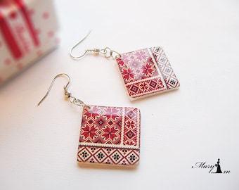 Ukrainian Vishivanka earrings. Handmade Jewelry  earrings with an ethnic Ukrainian ornament. Jewelry  resin. Two-sided. Ethnic decor.