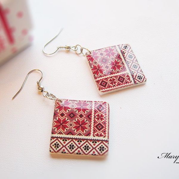 Ukrainian Vishivanka earrings. Handmade Jewelry  earrings with an ethnic Ukrainian ornament. Jewelry  resin. Two-sided. Ethnic decor.