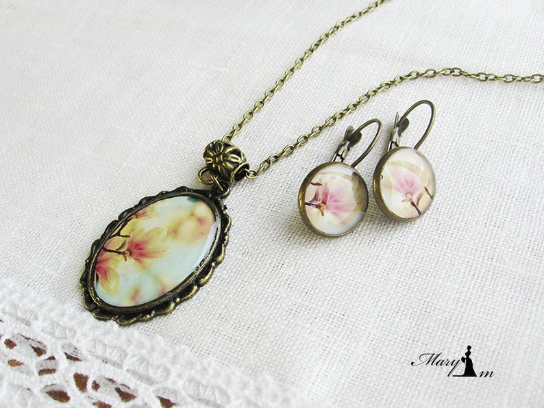 Blooming spring earrings Flower pendant Vintage magnolia set with a flower pattern Handmade Jewelry for her. Jewelry resin