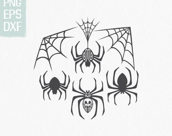 Halloween spider SVG, set of 4 spiders and 3 spider webs, png, dxf, eps, spider clipart, spider cut file, halloween clipart