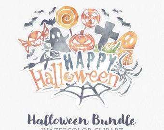 Halloween Watercolor Clipart, cute and spooky halloween graphics, printable png files, pumpkin, ghost, spider, web, candy, trick or treat