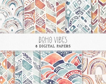 Boho Digital Papers | Seamless Patterns | Ethnic Watercolor Clipart | Instant Download