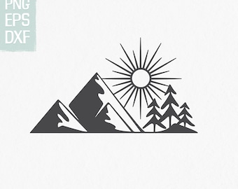 Mountains, trees and sun SVG instant download, great outdoors SVG cut file, png, dxf, eps, svg for Cricut, nature png