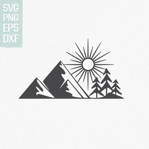 Mountains, trees and sun SVG instant download, great outdoors SVG cut file, png, dxf, eps, svg for Cricut, nature png