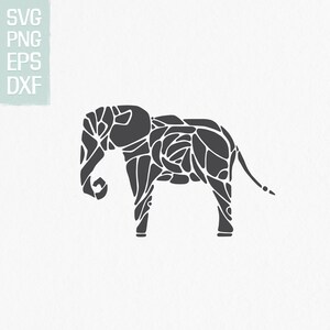 May include: A black and white silhouette of an elephant, made up of many small shapes. The elephant is facing left and has its trunk curled up.