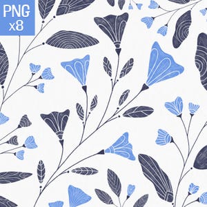 Botanique folklorique bleue | 8 illustrations florales bleues tranquilles | Plantes et fleurs minimalistes PNG | Téléchargement instantané