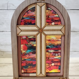 Mantel Decor, Christian Cross with Faux Stained Glass, Angel Arch Figures, Religious Christmas Decorations, Holiday Mantel Decor