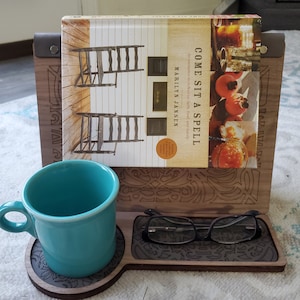 Book Valet, Book Lovers Gift, Gift for Avid Reader, Laser Cut Book Stand, Engraved Book Holder, Bookmark, Nightstand Book Nook, Bedside Tray