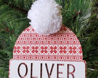 Personalized Beanie Christmas Ornament, Sock Hat Christmas Decor, Kids Keepsake Ornament