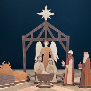 Decoración navideña con escena de la natividad, pesebre de madera hecho a mano, regalo religioso para familias, decoración navideña para el hogar