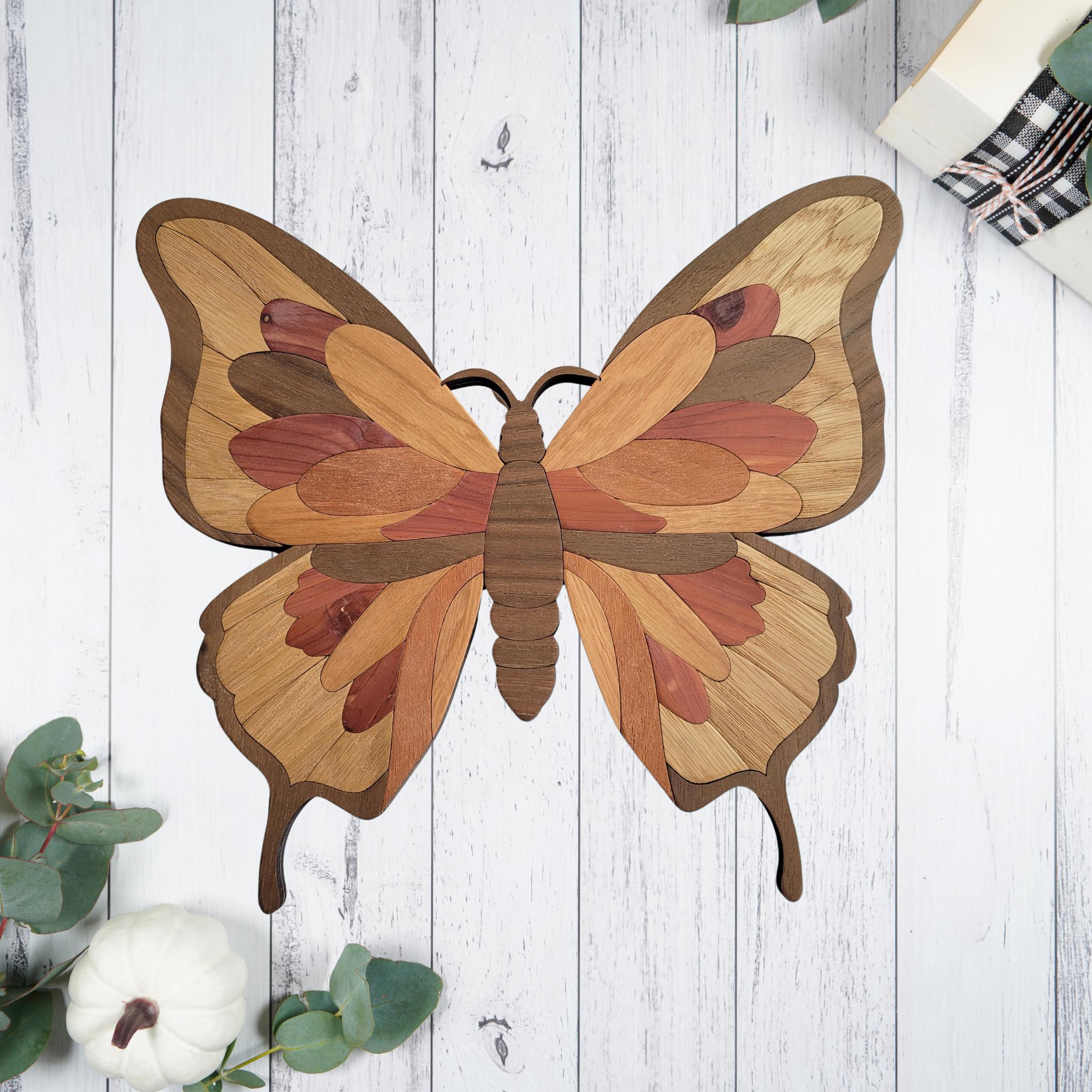 Wood Butterfly Wall Art, Wooden Intarsia Style Butterfly Mosaic, Laser