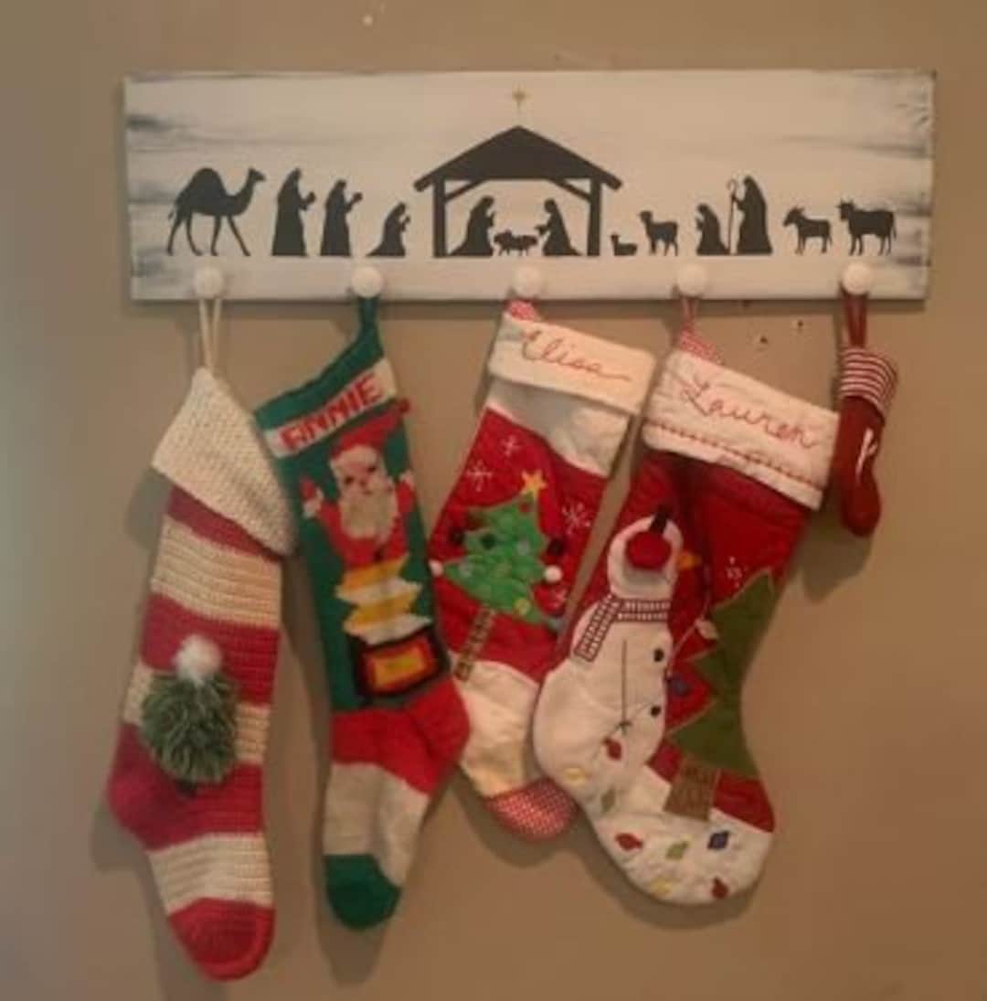 Nativity Stocking Hanger, Manger Scene Stocking Holder Farmhouse