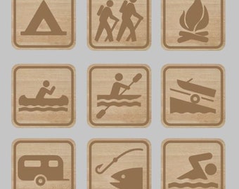 National Parks Recreation Icon Refrigerator Magnets, Camping , Hiking Trail Pictograph, Fishing Symbol, Recreational, Laser Engraved Magnet