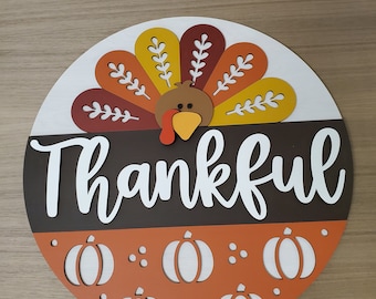 Thanksgiving Door Hanger, Thankful Turkey Sign, Autumn Colors, Cute Turkey Welcome Sign,  Colorful 15" Welcome Sign, 3D Laser Cut Sign