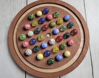 Marble Solitaire Game, Handcrafted, Mahogany, Oak, Walnut, Birch, 36 Beautiful Textured Glass Marbles, Venetian Marbles, Brain Teaser Puzzle