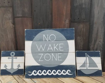 Nautical Nursery Decor, No Wake Zone, Anchor, Ships Wheel, Pink Lake House, Baby Girl Room, Distressed Boy Nautical Sign, Coastal Theme