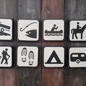 Cartello dei parchi nazionali e delle attività ricreative, oltre 100 immagini tra cui scegliere, decorazione per baite, icona del campeggio, simbolo della foresta nazionale, asilo nido per pescatori, cameretta per bambini, escursionismo