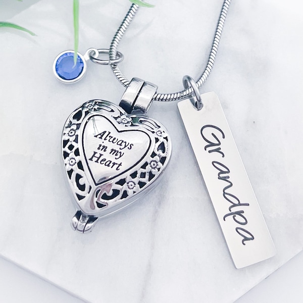 Always in my Heart Locket Urn Necklace, Cremation Necklace for Pet or Human, Memorial Jewelry, Keepsake Cremation Jewelry for Husband Wife